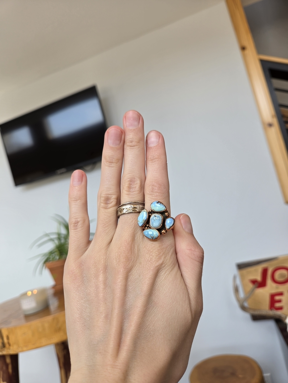 Golden Hills Turquoise Cluster Copper Ring 80